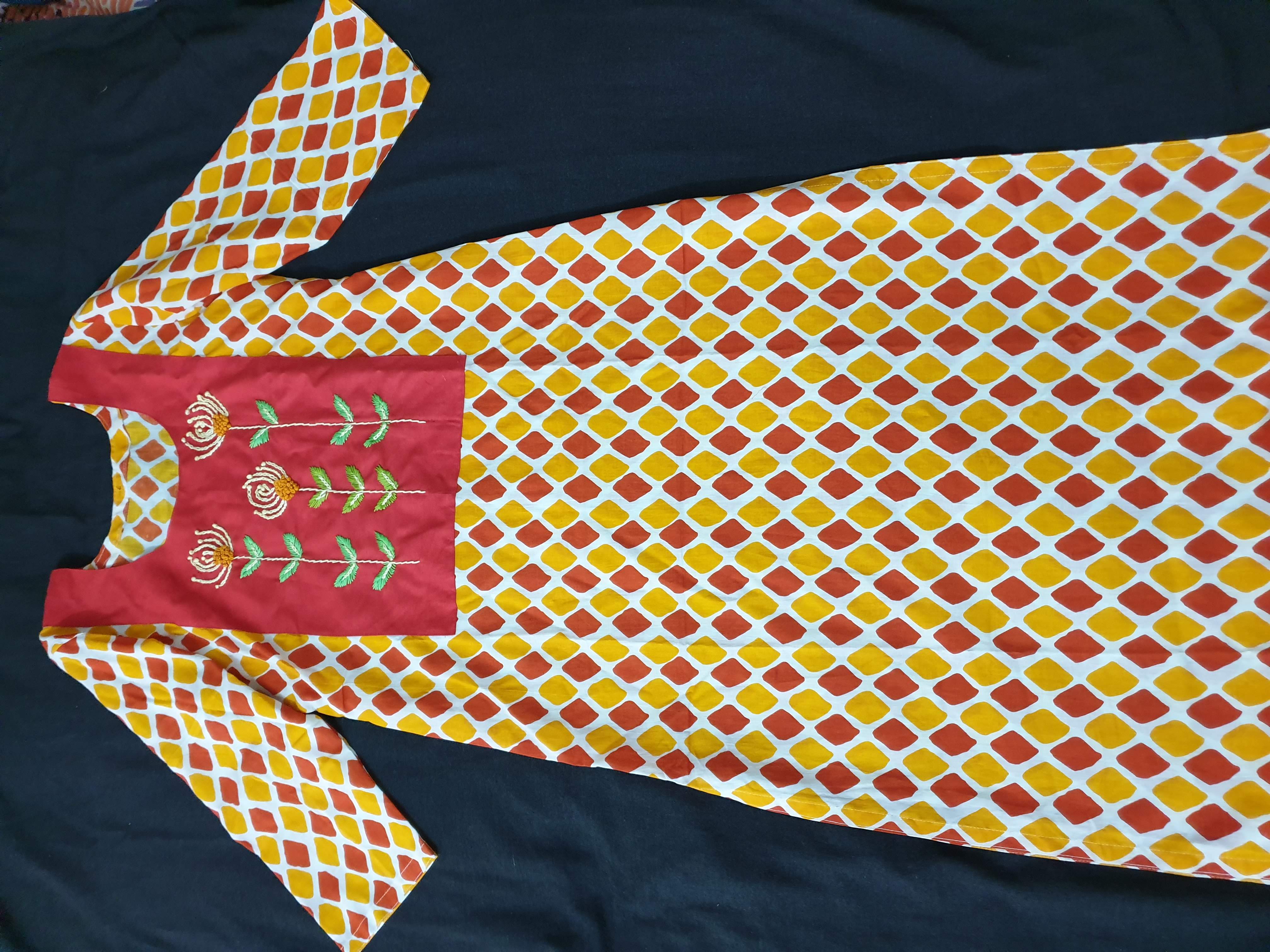 Multi Color Cotton Kurti with Patch Hand Work